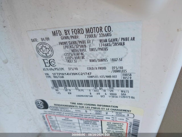 2009 Ford F150 Supercrew მანქანა იყიდება აუქციონზე, vin: 1FTPW14V39KC21747, აუქციონის ნომერი: 30098090