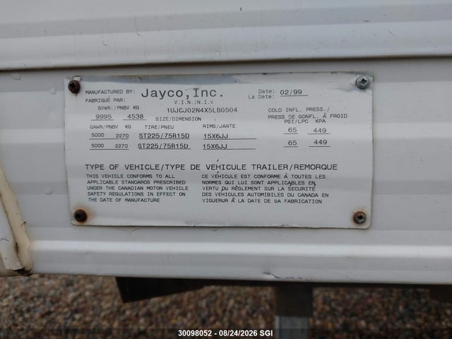 30098052 :رقم المزاد ، 1UJCJ02N4X5LB0504 vin ، 1999 Jayco Eagle مزاد بيع