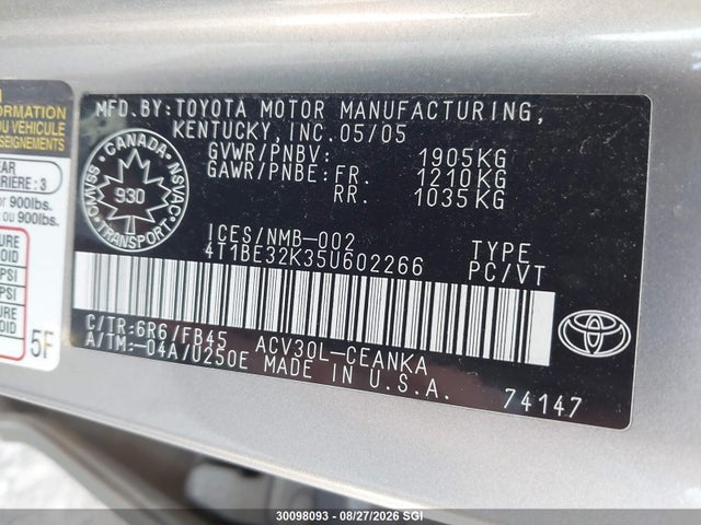 2005 Toyota Camry Le/xle/se მანქანა იყიდება აუქციონზე, vin: 4T1BE32K35U602266, აუქციონის ნომერი: 30098093