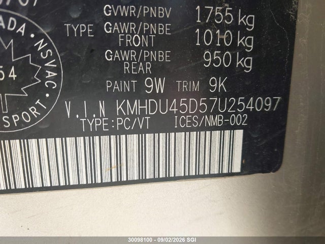 Продажа на аукционе авто 2007 Hyundai Elantra Gl/gls, vin: KMHDU45D57U254097, номер лота: 30098100
