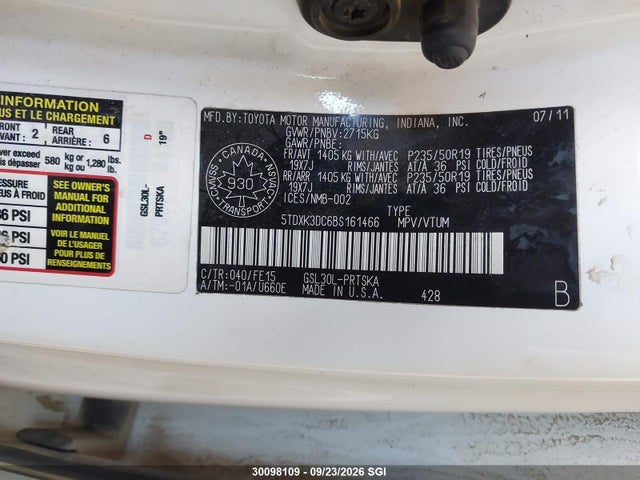 Aukcja sprzedaży 2011 Toyota Sienna Sport, vin: 5TDXK3DC6BS161466, numer aukcji: 30098109