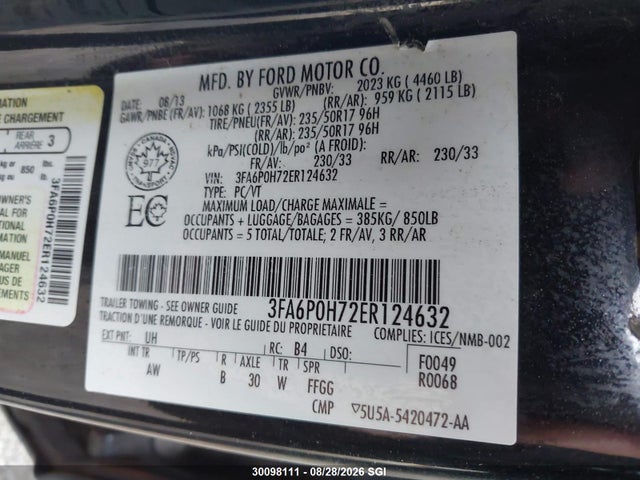 30098111 :رقم المزاد ، 3FA6P0H72ER124632 vin ، 2014 Ford Fusion Se مزاد بيع