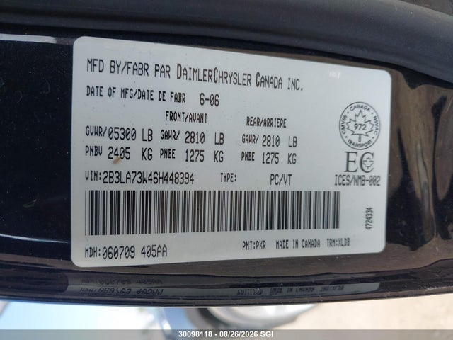 Продажа на аукционе авто 2006 Dodge Charger Srt-8, vin: 2B3LA73W46H448394, номер лота: 30098118
