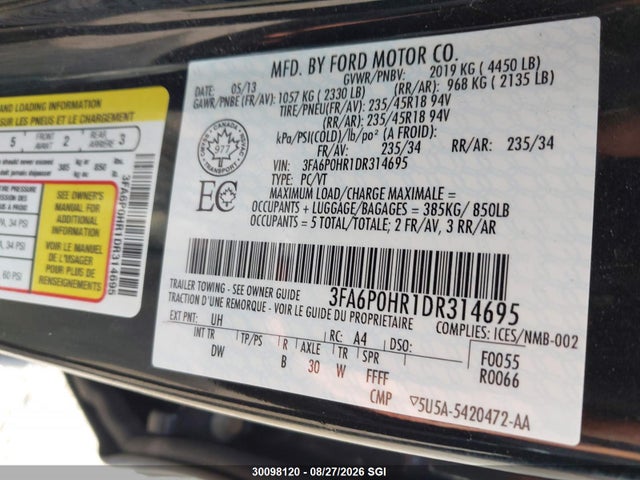Aukcja sprzedaży 2013 Ford Fusion Se, vin: 3FA6P0HR1DR314695, numer aukcji: 30098120