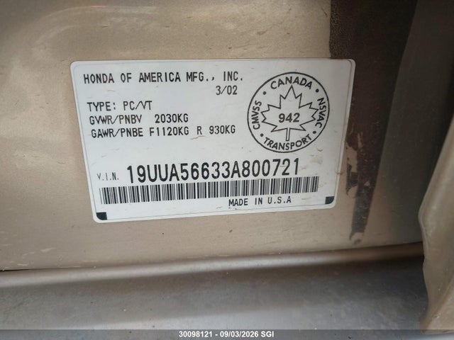 30098121 :رقم المزاد ، 19UUA56633A800721 vin ، 2003 Acura 3.2tl مزاد بيع