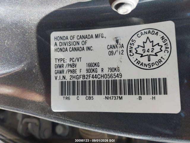 30098123 :رقم المزاد ، 2HGFB2F44CH056549 vin ، 2012 Honda Civic Lx مزاد بيع