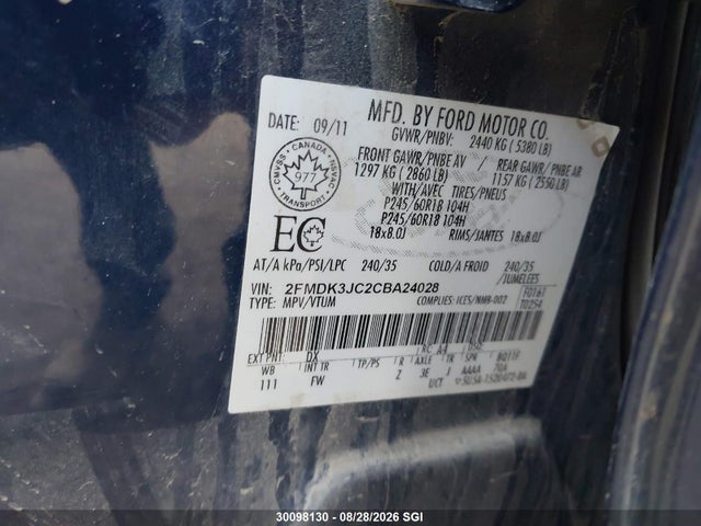 30098130 :رقم المزاد ، 2FMDK3JC2CBA24028 vin ، 2012 Ford Edge Sel مزاد بيع
