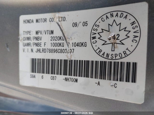 Продаж на аукціоні авто 2006 Honda Cr-v Ex, vin: JHLRD78896C803897, номер лоту: 30098136