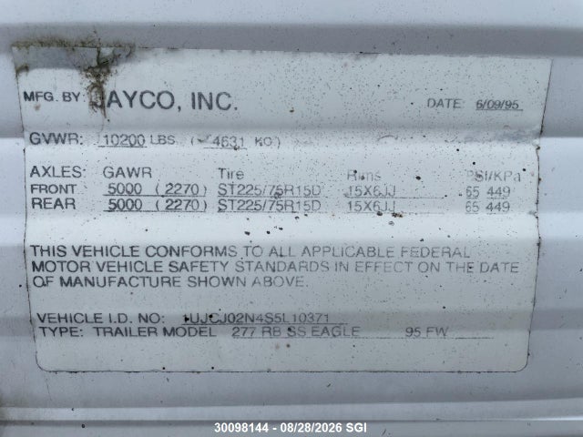 Aukcja sprzedaży 1995 Jayco Eagle, vin: 1UJCJ02N4S5L10371, numer aukcji: 30098144