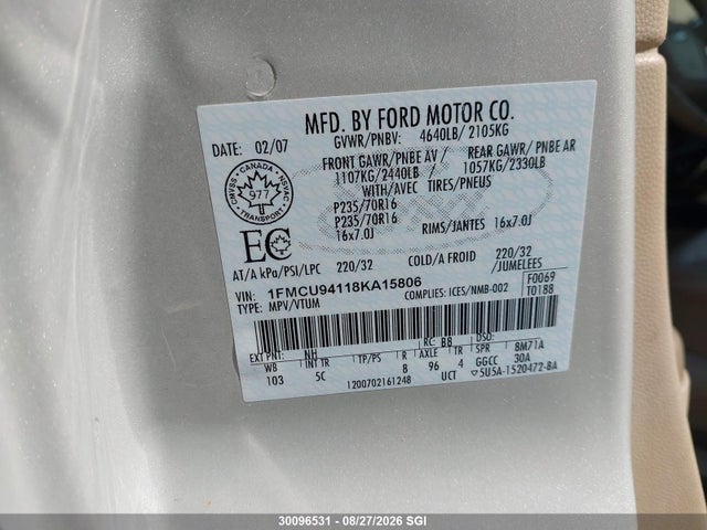 Aukcja sprzedaży 2008 Ford Escape Limited, vin: 1FMCU94118KA15806, numer aukcji: 30096531