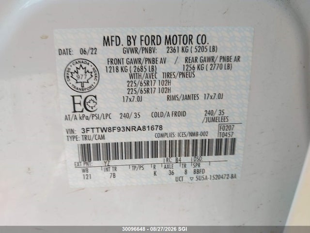 2022 Ford Maverick Xl/xlt/lariat მანქანა იყიდება აუქციონზე, vin: 3FTTW8F93NRA81678, აუქციონის ნომერი: 30096648