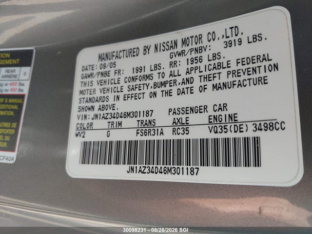 2006 Nissan 350z Coupe მანქანა იყიდება აუქციონზე, vin: JN1AZ34D46M301187, აუქციონის ნომერი: 30098231