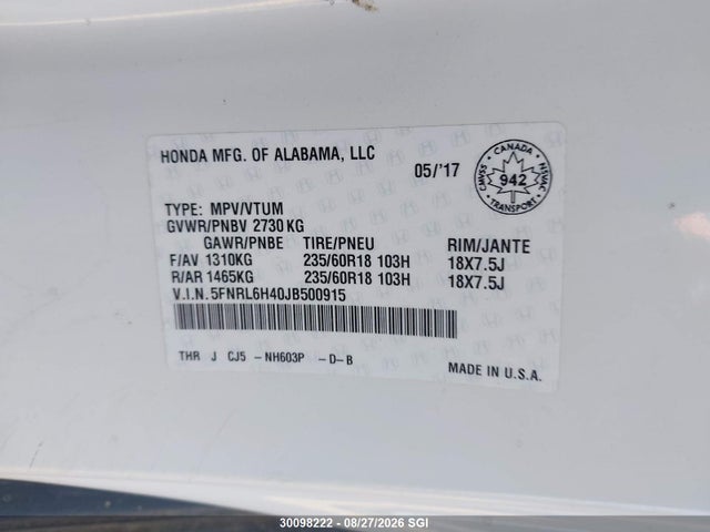 Honda ODYSSEY EX 2018 5FNRL6H40JB500915 Image 9