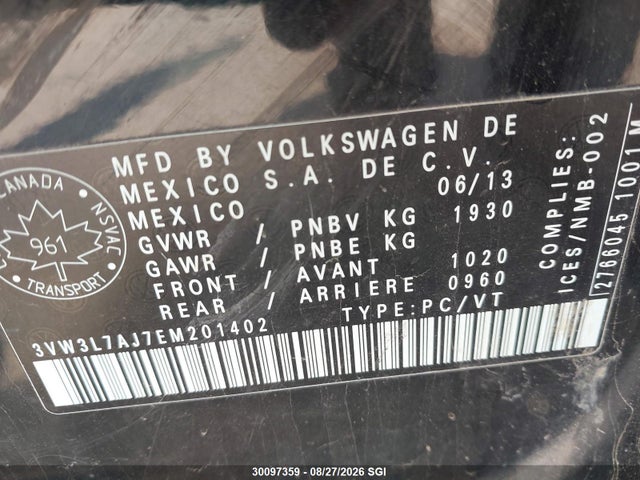 Продажа на аукционе авто 2014 Volkswagen Jetta Tdi, vin: 3VW3L7AJ7EM201402, номер лота: 30097359