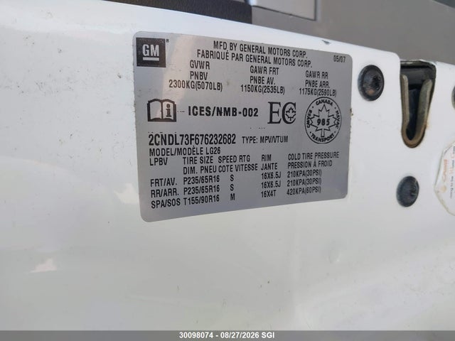 Aukcja sprzedaży 2007 Chevrolet Equinox Lt, vin: 2CNDL73F676232682, numer aukcji: 30098074
