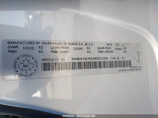 Продажа на аукционе авто 2012 Volkswagen Jetta Sedan, vin: 3VWDX7AJ5CM301228, номер лота: 30098254