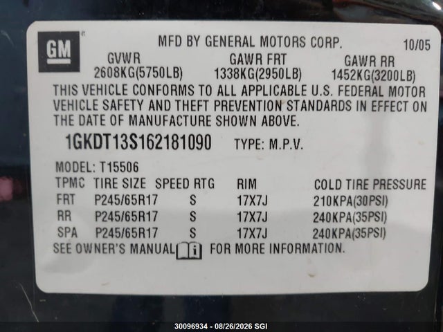 Продаж на аукціоні авто 2006 Gmc Envoy, vin: 1GKDT13S162181090, номер лоту: 30096934