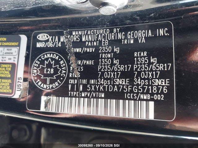 KIA SORENTO LX 2015 5XYKTDA75FG571876 Image 9