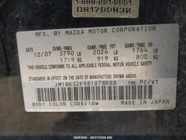 Aukcja sprzedaży 2008 Mazda 3 I, vin: JM1BK32F981878988, numer aukcji: 30093000
