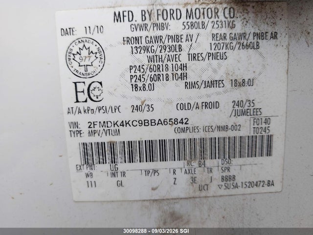 30098288 :رقم المزاد ، 2FMDK4KC9BBA65842 vin ، 2011 Ford Edge Limited مزاد بيع