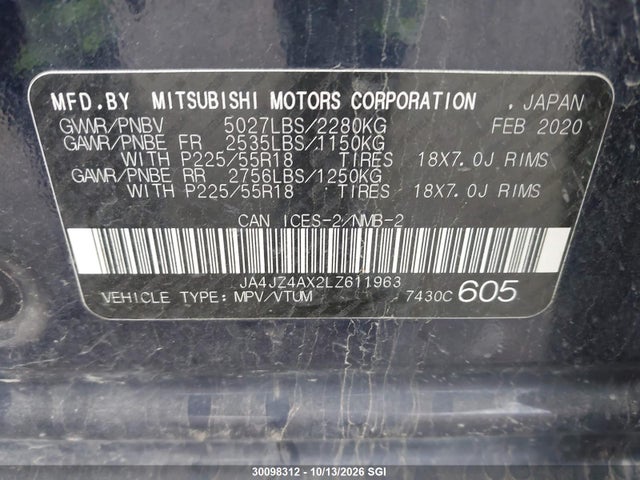 Aukcja sprzedaży 2020 Mitsubishi Outlander Gt, vin: JA4JZ4AX2LZ611963, numer aukcji: 30098312