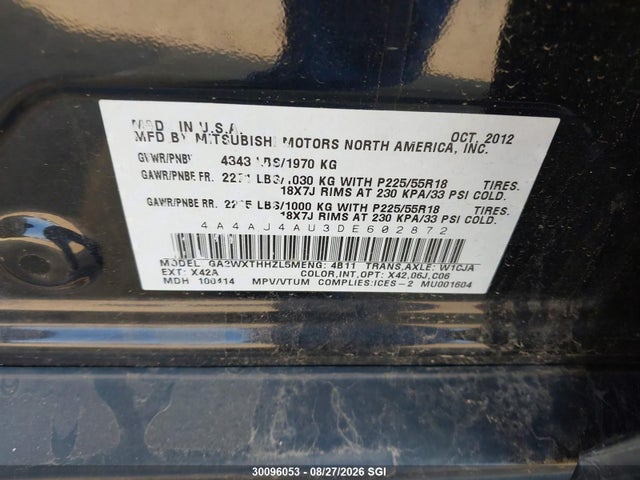 30096053 :رقم المزاد ، 4A4AJ4AU3DE602872 vin ، 2013 Mitsubishi Rvr مزاد بيع