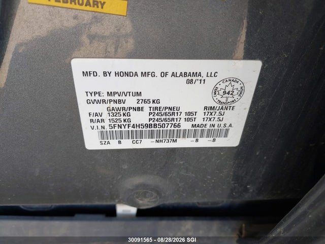 Продажа на аукционе авто 2011 Honda Pilot Exl, vin: 5FNYF4H59BB507766, номер лота: 30091565