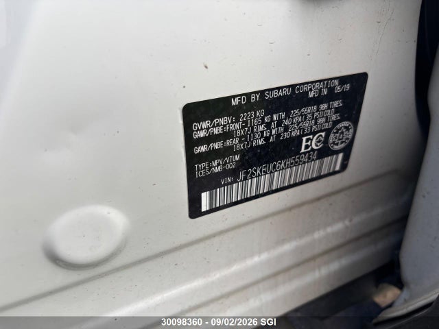 30098360 :رقم المزاد ، JF2SKEUC6KH559434 vin ، 2019 Subaru Forester Limited مزاد بيع