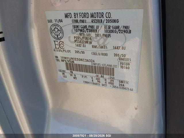2005 Ford Escape Xls მანქანა იყიდება აუქციონზე, vin: 1FMYU92Z55KC26324, აუქციონის ნომერი: 30097921