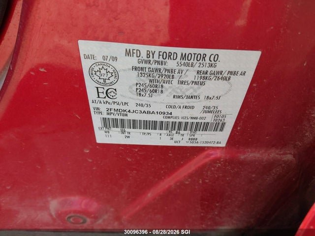 Продажа на аукционе авто 2010 Ford Edge Sel, vin: 2FMDK4JC3ABA10934, номер лота: 30096396