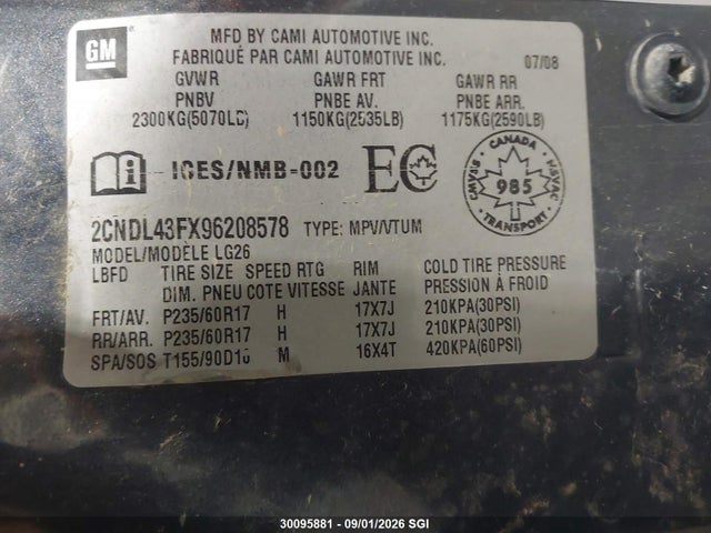 2009 Chevrolet Equinox Lt მანქანა იყიდება აუქციონზე, vin: 2CNDL43FX96208578, აუქციონის ნომერი: 30095881