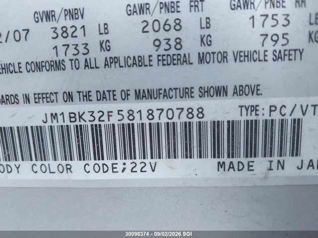 Aukcja sprzedaży 2008 Mazda 3 I, vin: JM1BK32F581870788, numer aukcji: 30098374