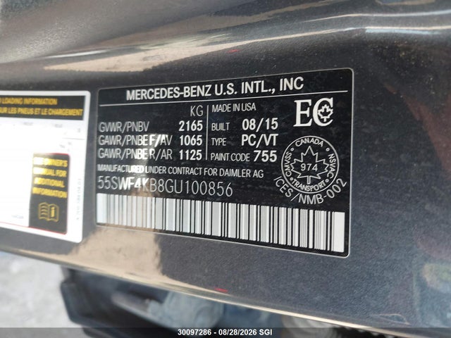 30097286 :رقم المزاد ، 55SWF4KB8GU100856 vin ، 2016 Mercedes-benz C 300 4matic مزاد بيع