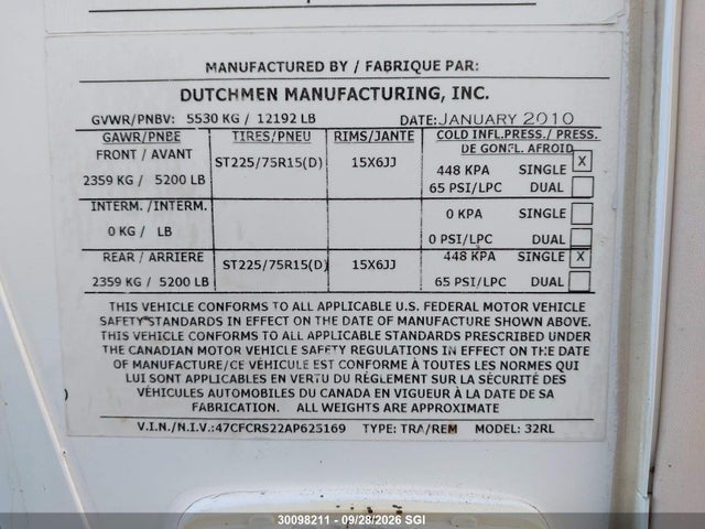 Продажа на аукционе авто 2010 Dutchman M-28rk-bs-m5, vin: 47CFCRS22AP625169, номер лота: 30098211