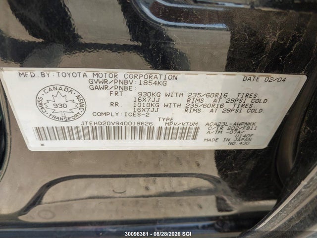 Auction sale of the 2004 Toyota Rav4, vin: JTEHD20V940018626, lot number: 30098381