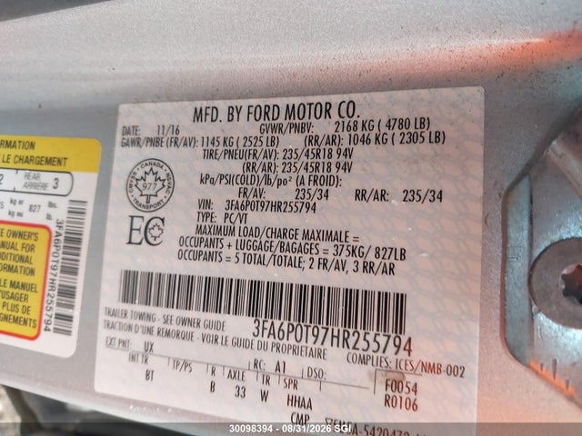 Продаж на аукціоні авто 2017 Ford Fusion Se, vin: 3FA6P0T97HR255794, номер лоту: 30098394