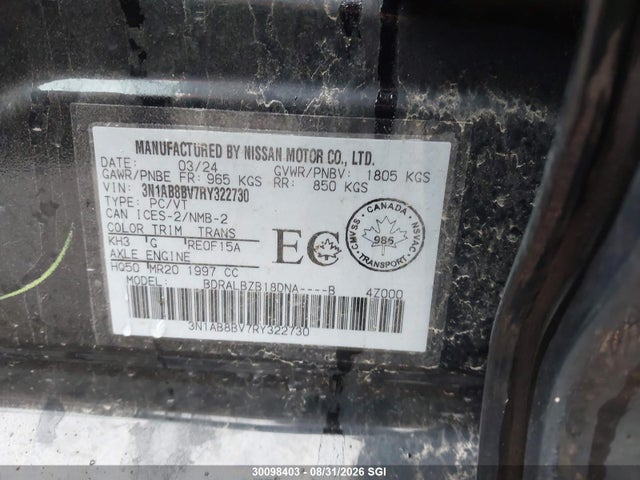Aukcja sprzedaży 2024 Nissan Sentra S, vin: 3N1AB8BV7RY322730, numer aukcji: 30098403
