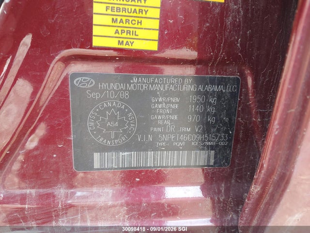 2009 Hyundai Sonata Gls მანქანა იყიდება აუქციონზე, vin: 5NPET46C09H515733, აუქციონის ნომერი: 30098418