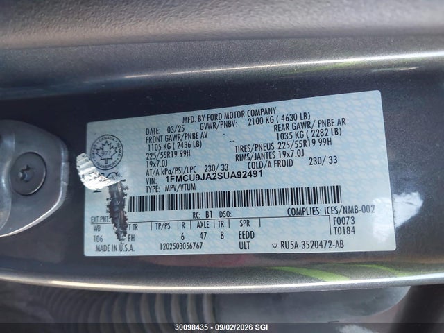 Продажа на аукционе авто 2025 Ford Escape Platinum, vin: 1FMCU9JA2SUA92491, номер лота: 30098435