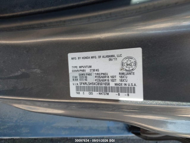 Продаж на аукціоні авто 2012 Honda Odyssey Touring/touring Elite, vin: 5FNRL5H9XCB501658, номер лоту: 30097634