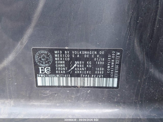 30098438 :رقم المزاد ، 3VWG17AU6JM271615 vin ، 2018 Volkswagen Golf S/se مزاد بيع