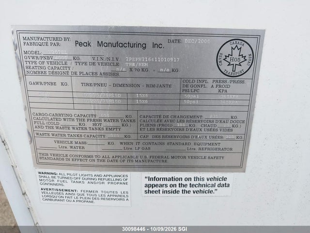 Aukcja sprzedaży 2000 Peak Manufacturing Inc. Frontier, vin: 2PEFH216411010917, numer aukcji: 30098446