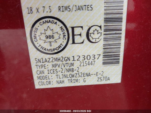30098468 :رقم المزاد ، 5N1AZ2MH2GN123037 vin ، 2016 Nissan Murano S/sl/sv/platinum مزاد بيع