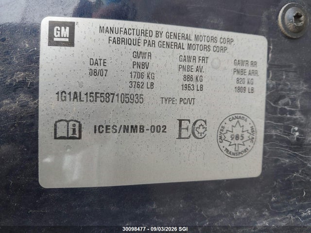 2008 Chevrolet Cobalt Lt მანქანა იყიდება აუქციონზე, vin: 1G1AL15F587105935, აუქციონის ნომერი: 30098477