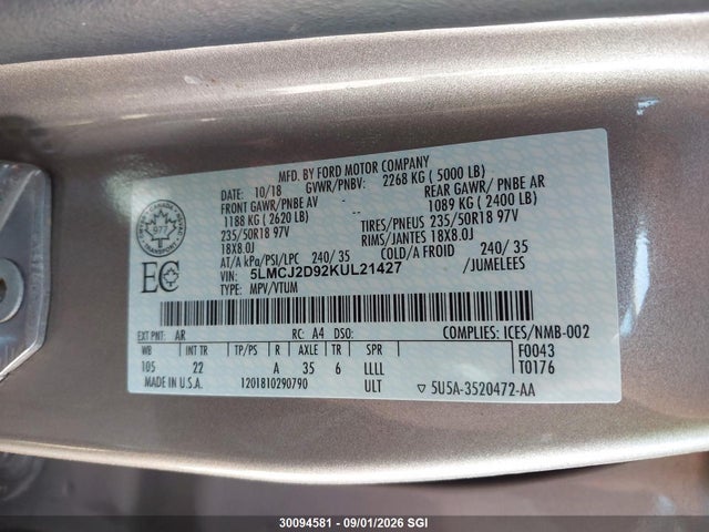 Aukcja sprzedaży 2019 Lincoln Mkc Select, vin: 5LMCJ2D92KUL21427, numer aukcji: 30094581