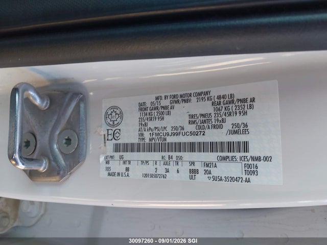 Продаж на аукціоні авто 2015 Ford Escape Titanium, vin: 1FMCU9J99FUC50272, номер лоту: 30097260