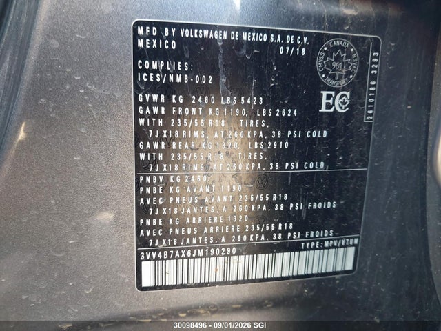 30098496 :رقم المزاد ، 3VV4B7AX6JM190290 vin ، 2018 Volkswagen Tiguan Sel Premium مزاد بيع
