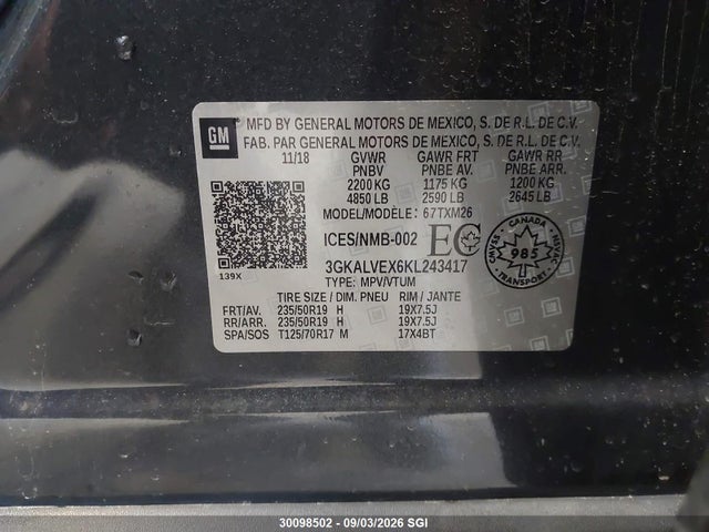 30098502 :رقم المزاد ، 3GKALVEX6KL243417 vin ، 2019 Gmc Terrain Slt مزاد بيع