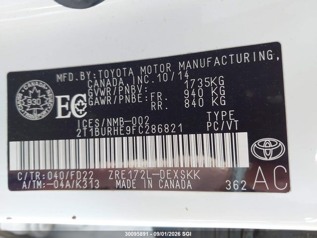 2T1BURHE9FC286821 Toyota Corolla L/le/le Pls/prm/s/s Pls