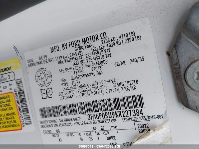 2019 Ford Fusion Titanium მანქანა იყიდება აუქციონზე, vin: 3FA6P0RU9KR227384, აუქციონის ნომერი: 30098511